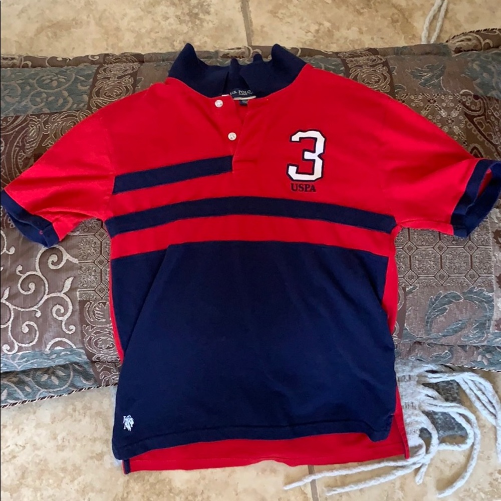 red and navy polo button up v-neck
